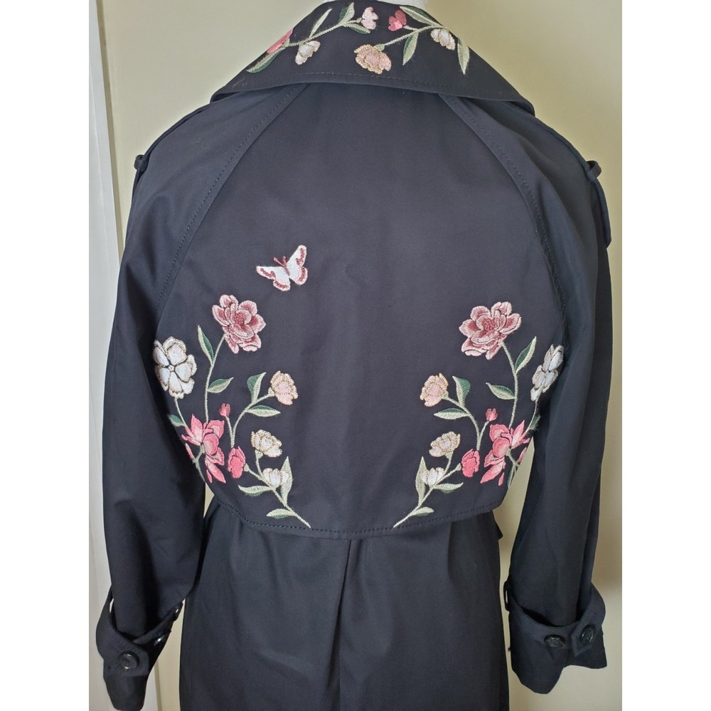 Kate Spade New York Madison Ave XXS Black Embroidered Pink Floral‎ Trench Coat - Picture 5 of 15